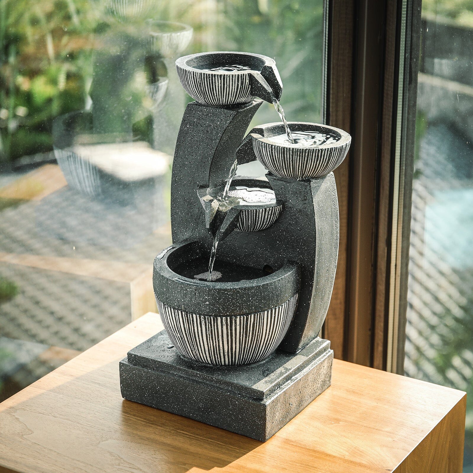 Cascading Bowls Garden Water Feature Fountain 4-Tier Fountain LED Fountain Fountains Living and Home