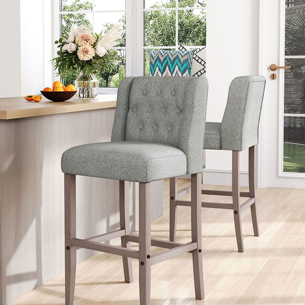 Set of Hight Bar Stools Linen Upholstered with Wood Legs