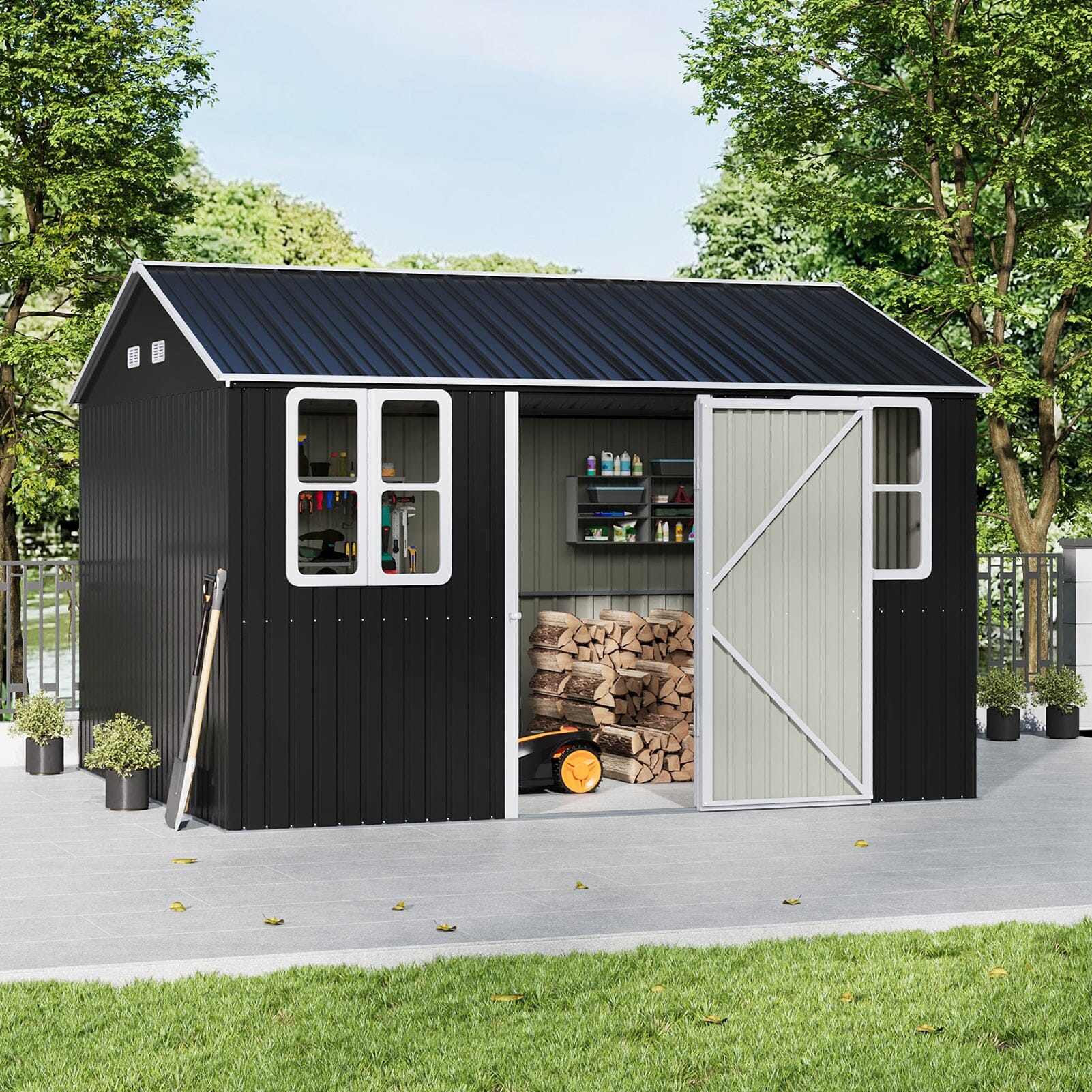 7X4ft/8.5X5.5ft/10x8ft Charcoal Black Storage Shed with Double Doors and Grid Window Living and Home