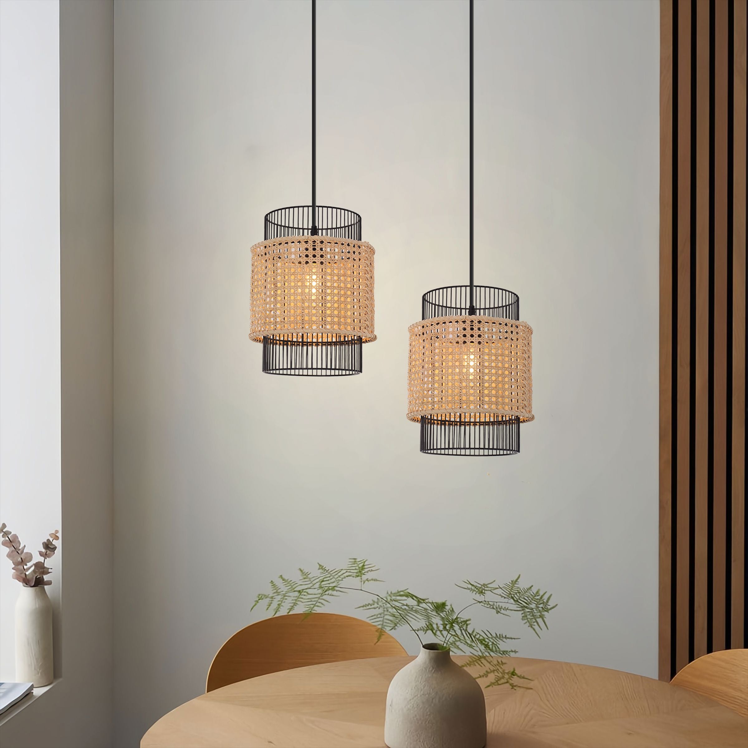 Lightsin Elegant Black Frame with Handwoven Rattan Pendant Light