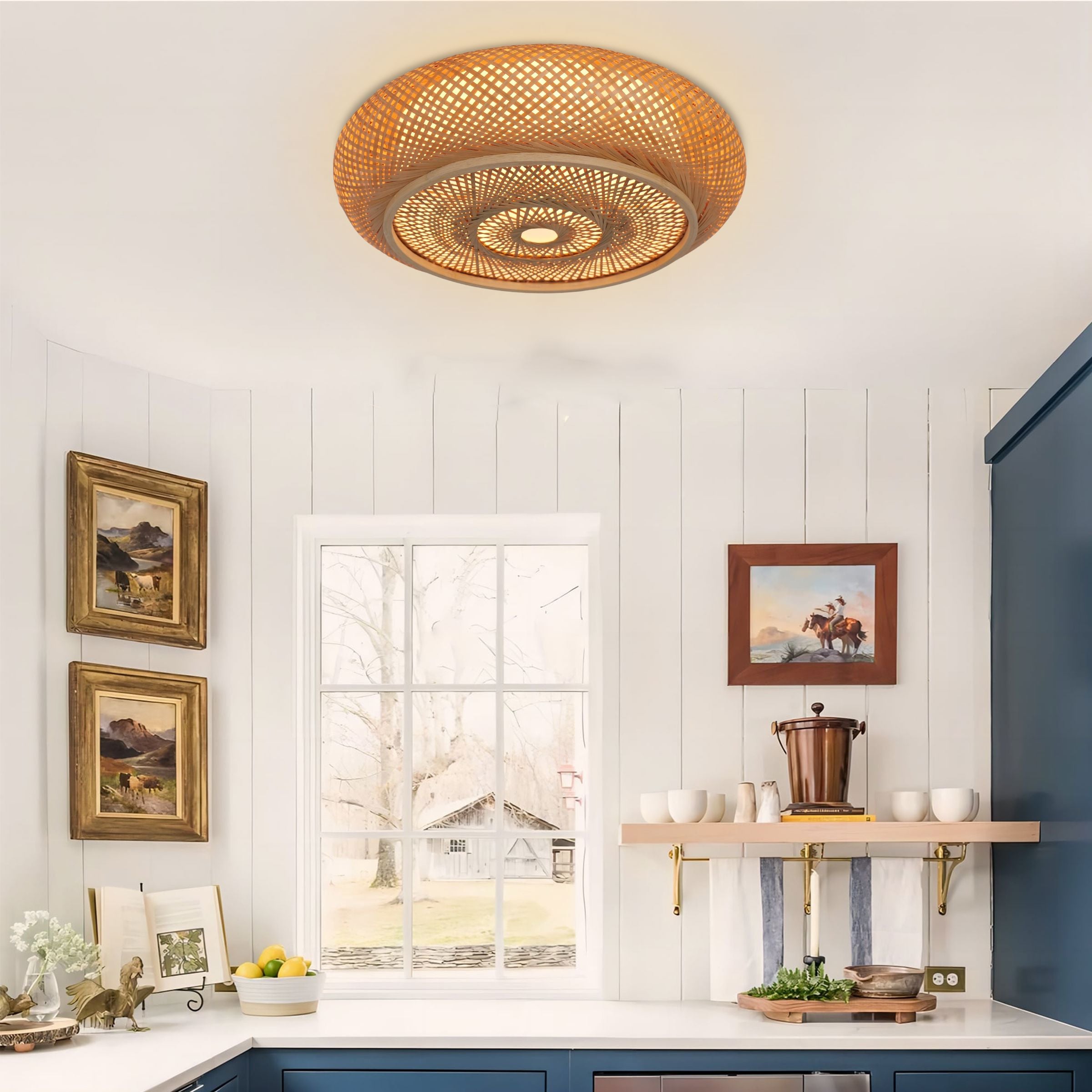 Lightsin Handcrafted Japanese-Style Natural Bamboo Finish Flat Rattan Ceiling & Pendant Light Living and Home