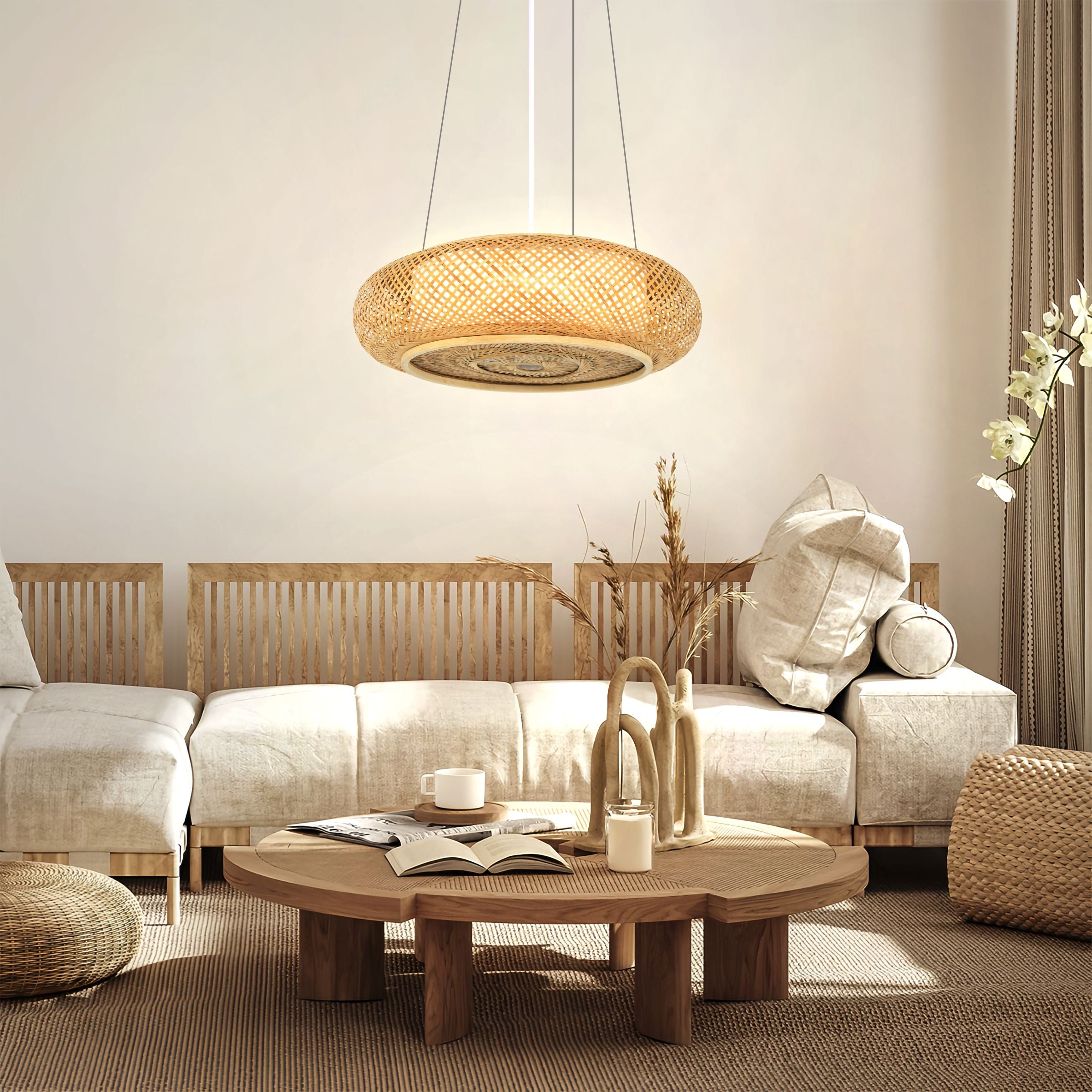 Lightsin Handcrafted Japanese-Style Natural Bamboo Finish Flat Rattan Ceiling & Pendant Light Living and Home