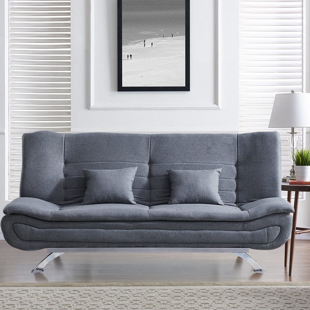 182CM Convertible Wide Grey 3 Seater Linen Sofa Bed with 2 Pillows Sofa Beds Living and Home