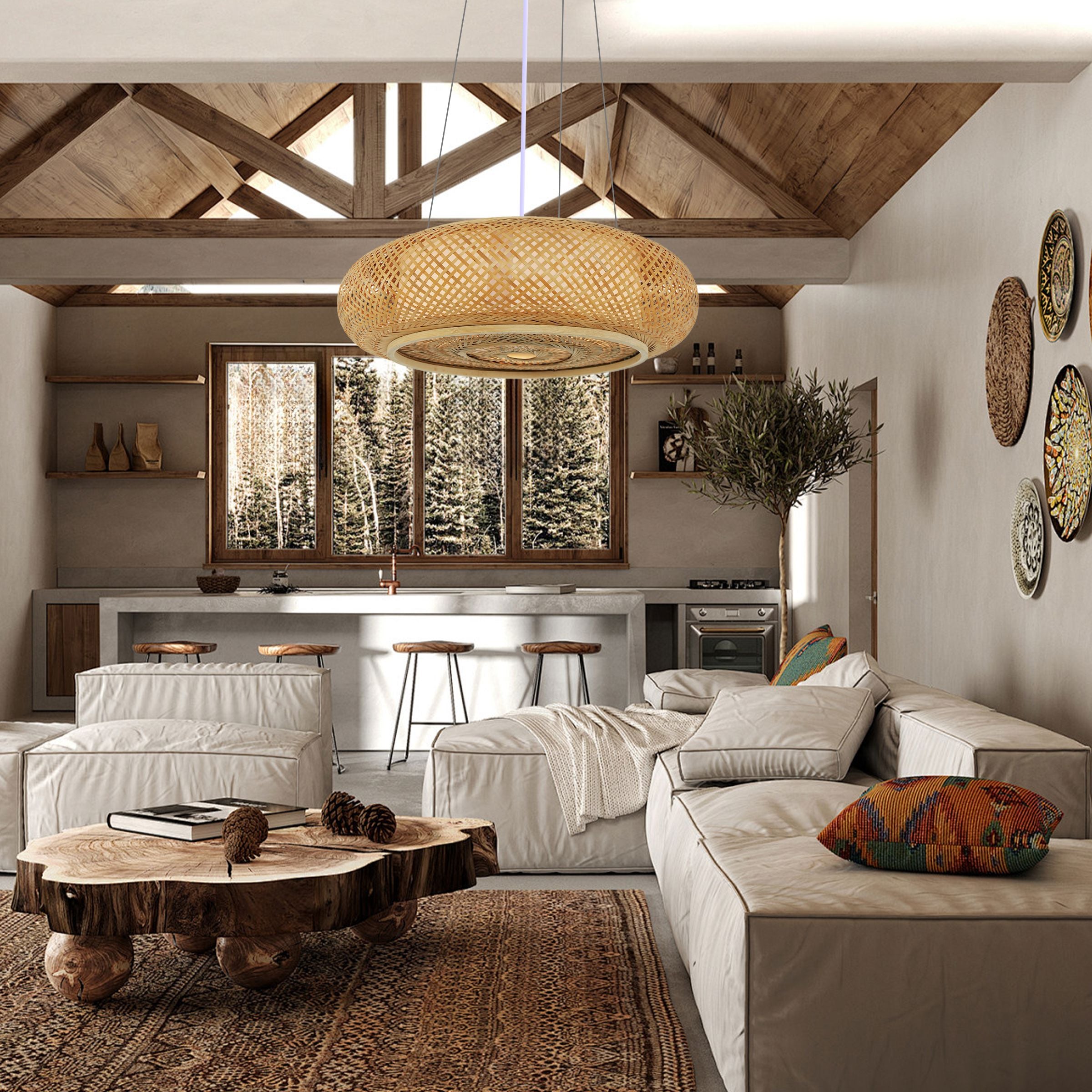 Lightsin Handcrafted Japanese-Style Natural Bamboo Finish Flat Rattan Ceiling & Pendant Light Living and Home