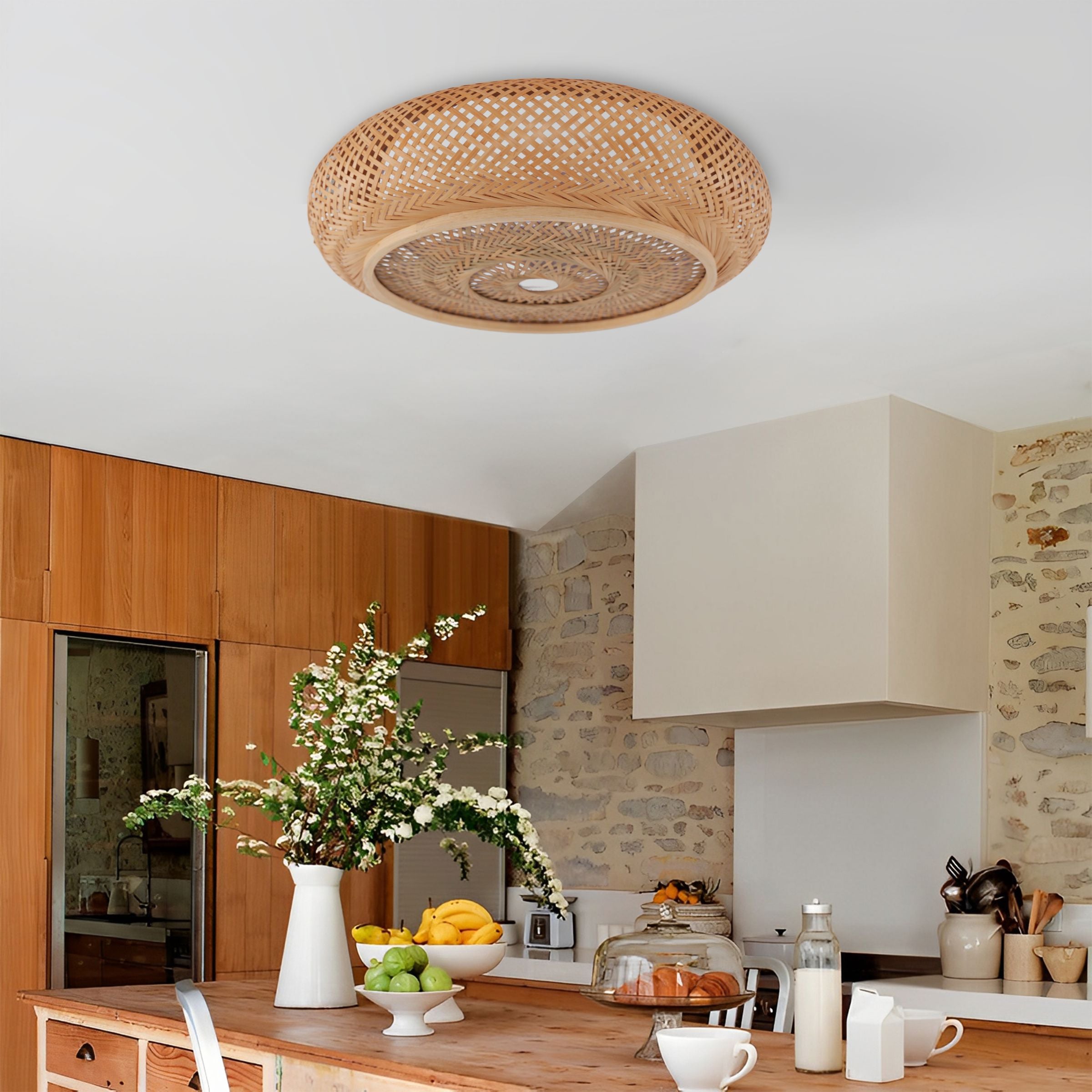 Lightsin Handcrafted Japanese-Style Natural Bamboo Finish Flat Rattan Ceiling & Pendant Light Living and Home