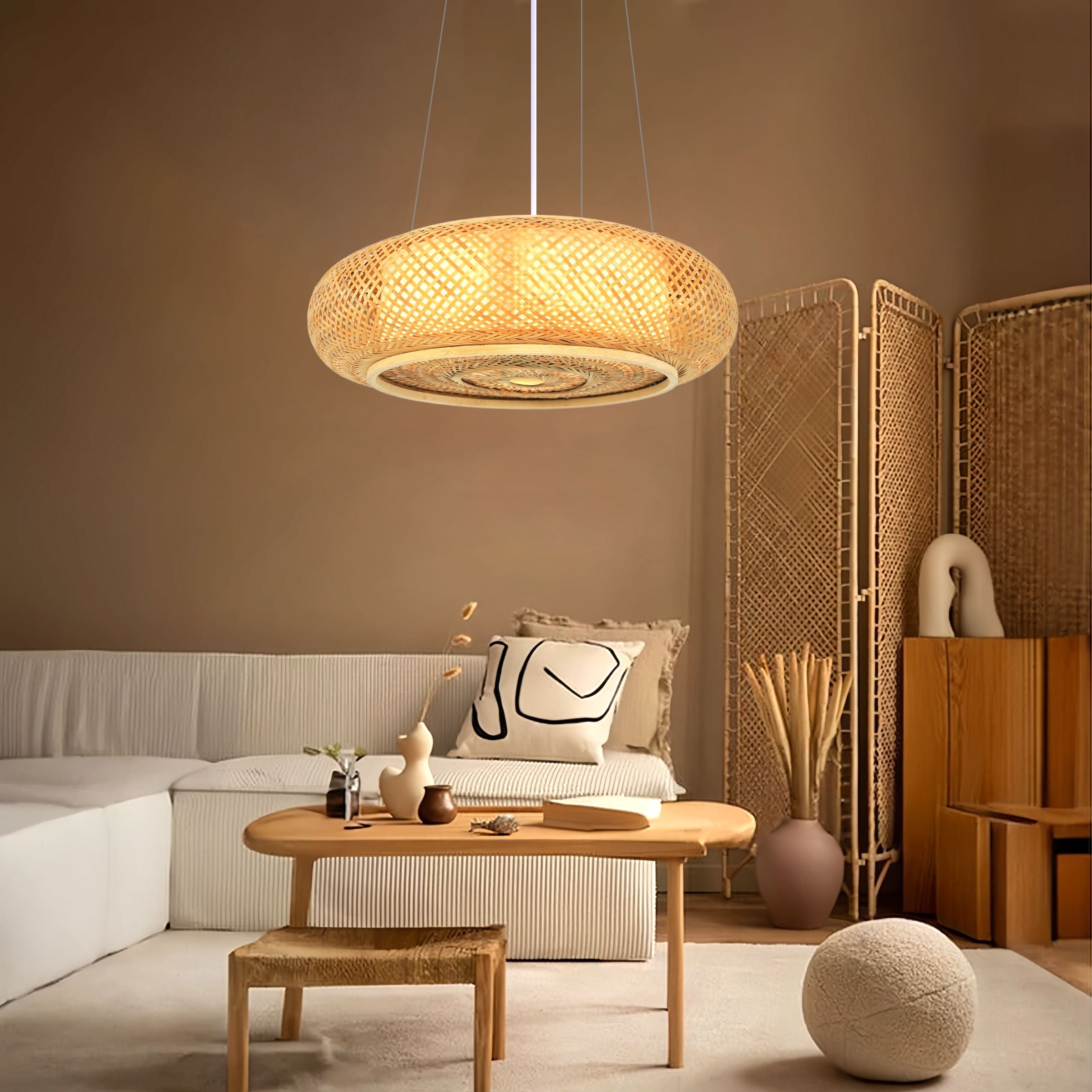 Lightsin Handcrafted Japanese-Style Natural Bamboo Finish Flat Rattan Ceiling & Pendant Light Living and Home