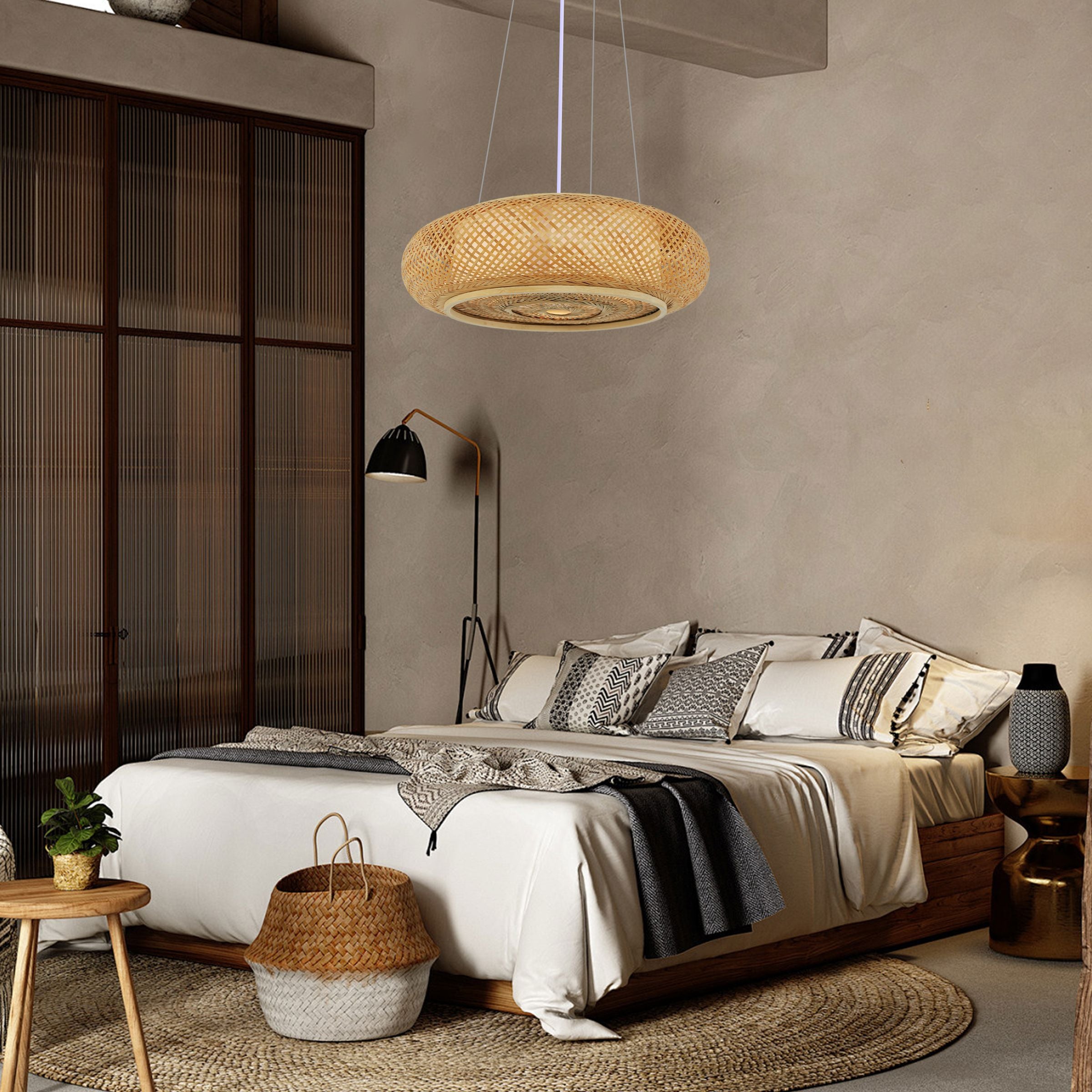 Lightsin Handcrafted Japanese-Style Natural Bamboo Finish Flat Rattan Ceiling & Pendant Light Living and Home