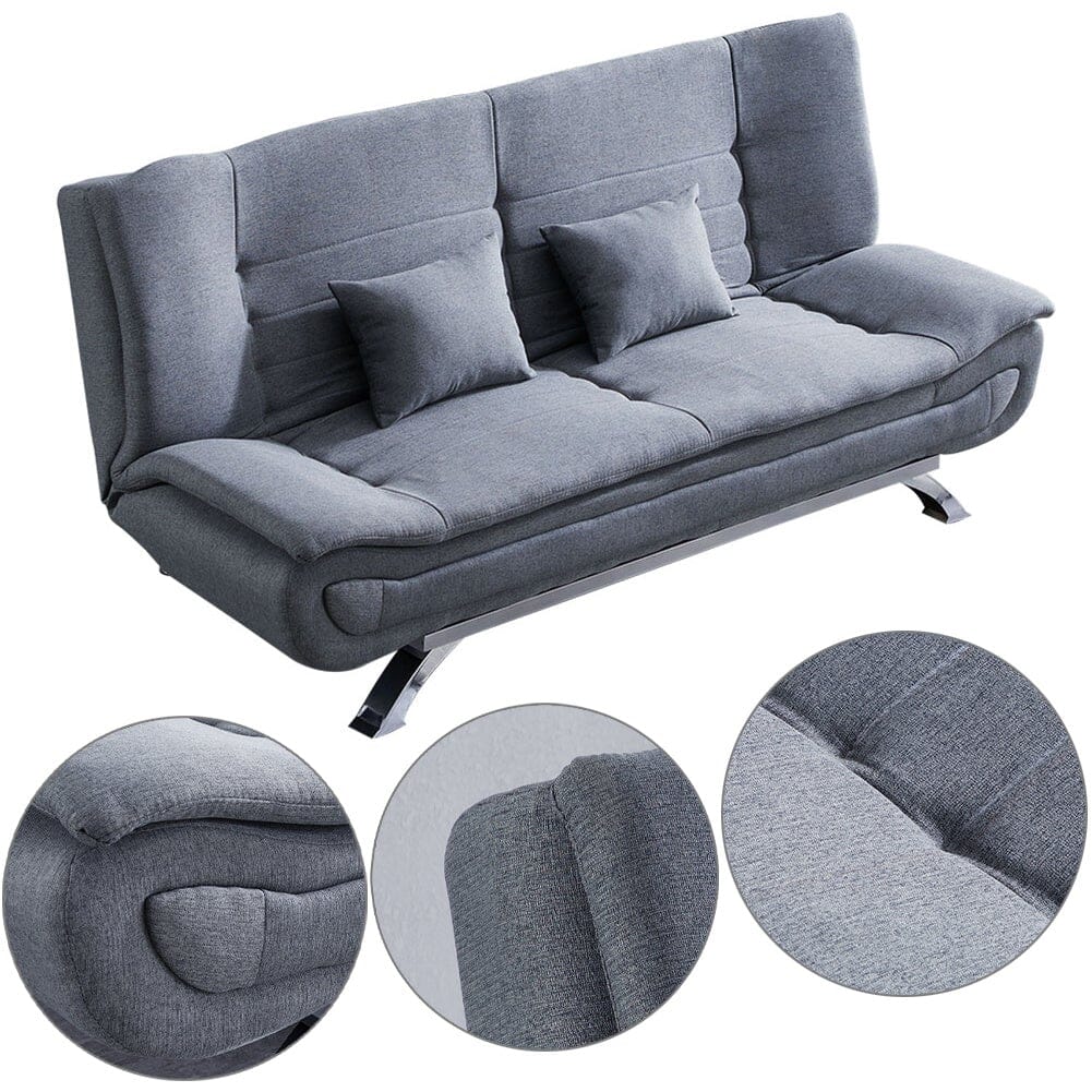 190cm Wide Grey 3 Seater Sofa Linen Convertible Sofa Bed with 2 Pillows Sofa Beds Living and Home