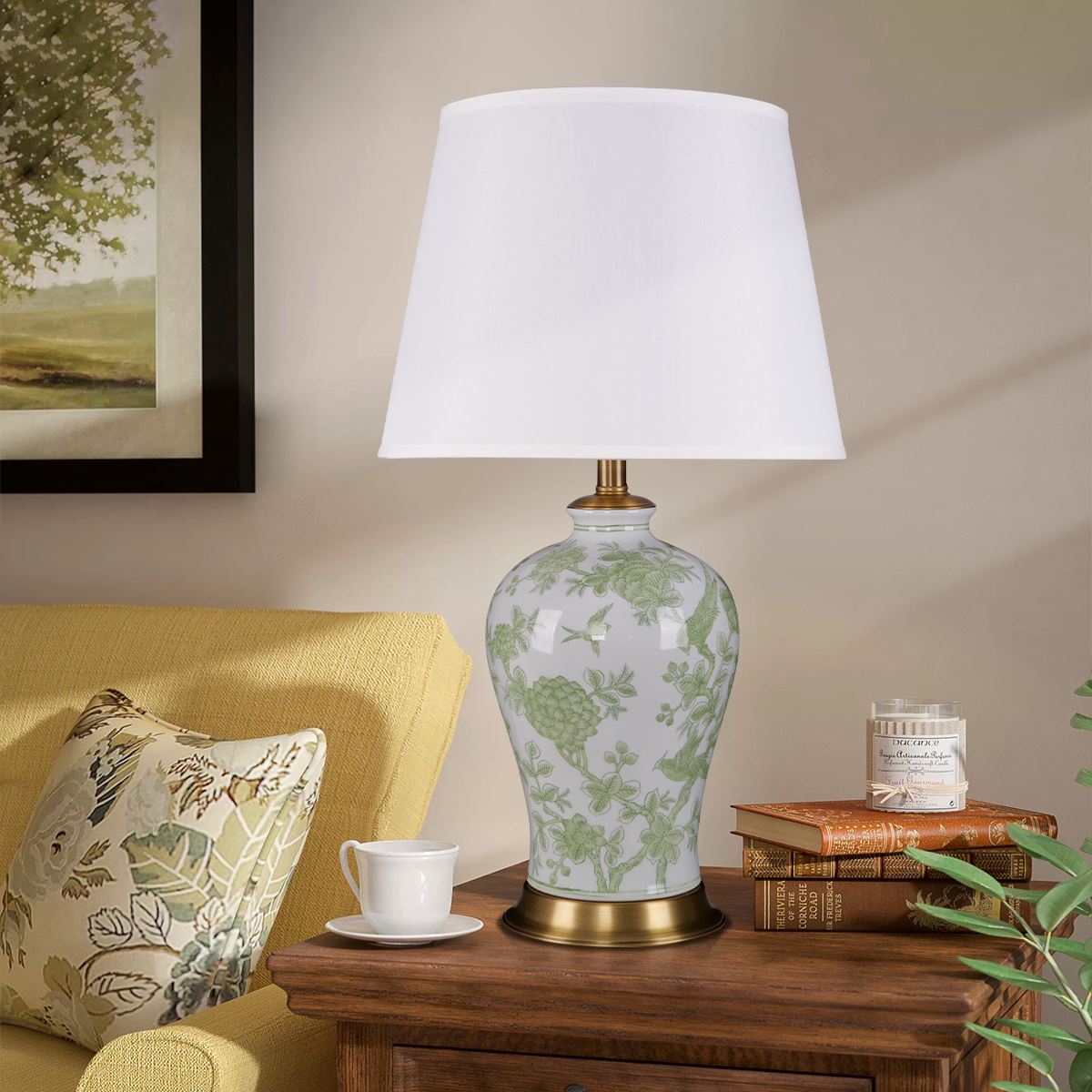 Lightsin Green Floral Ceramic Table Lamp with Copper Base and