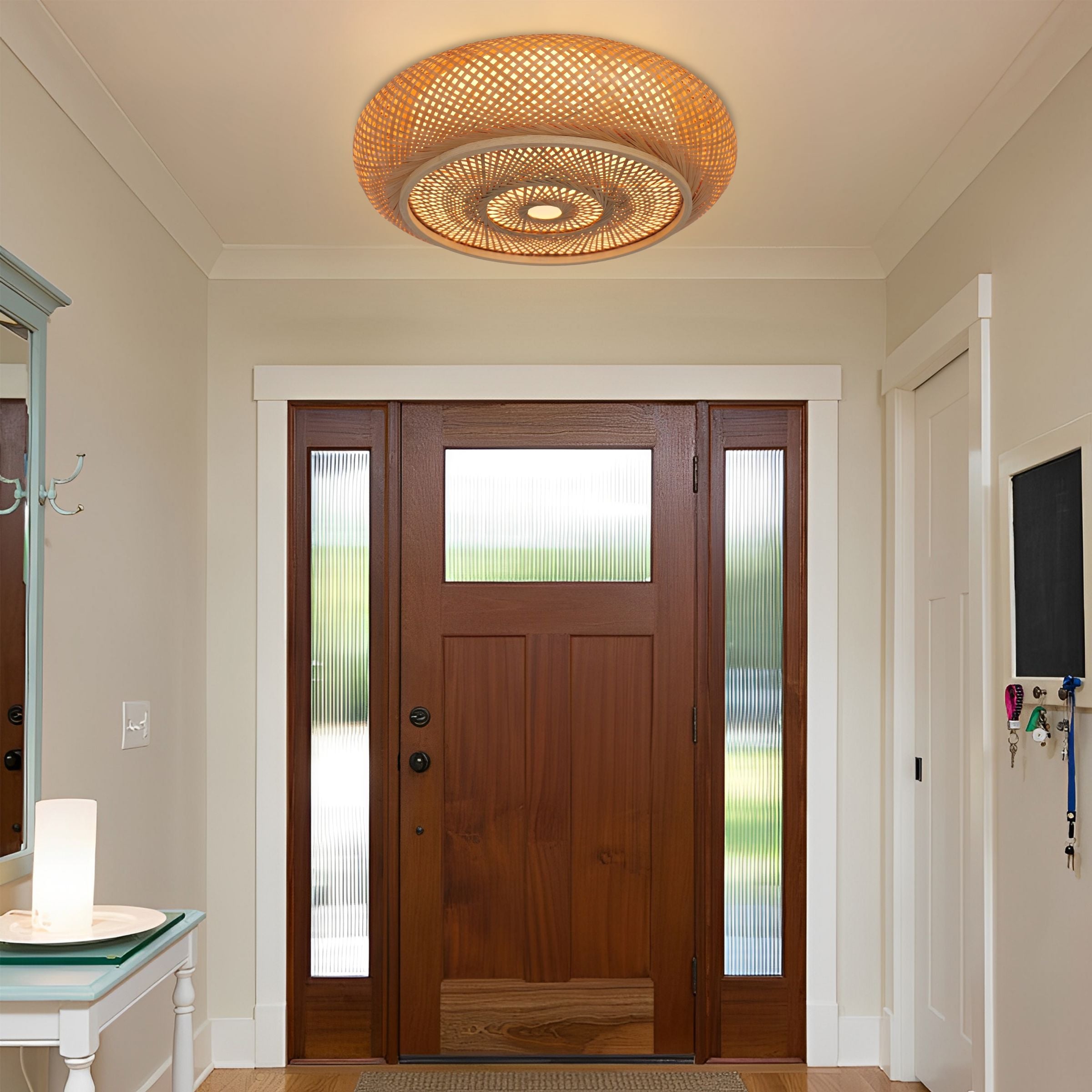 Lightsin Handcrafted Japanese-Style Natural Bamboo Finish Flat Rattan Ceiling & Pendant Light Living and Home