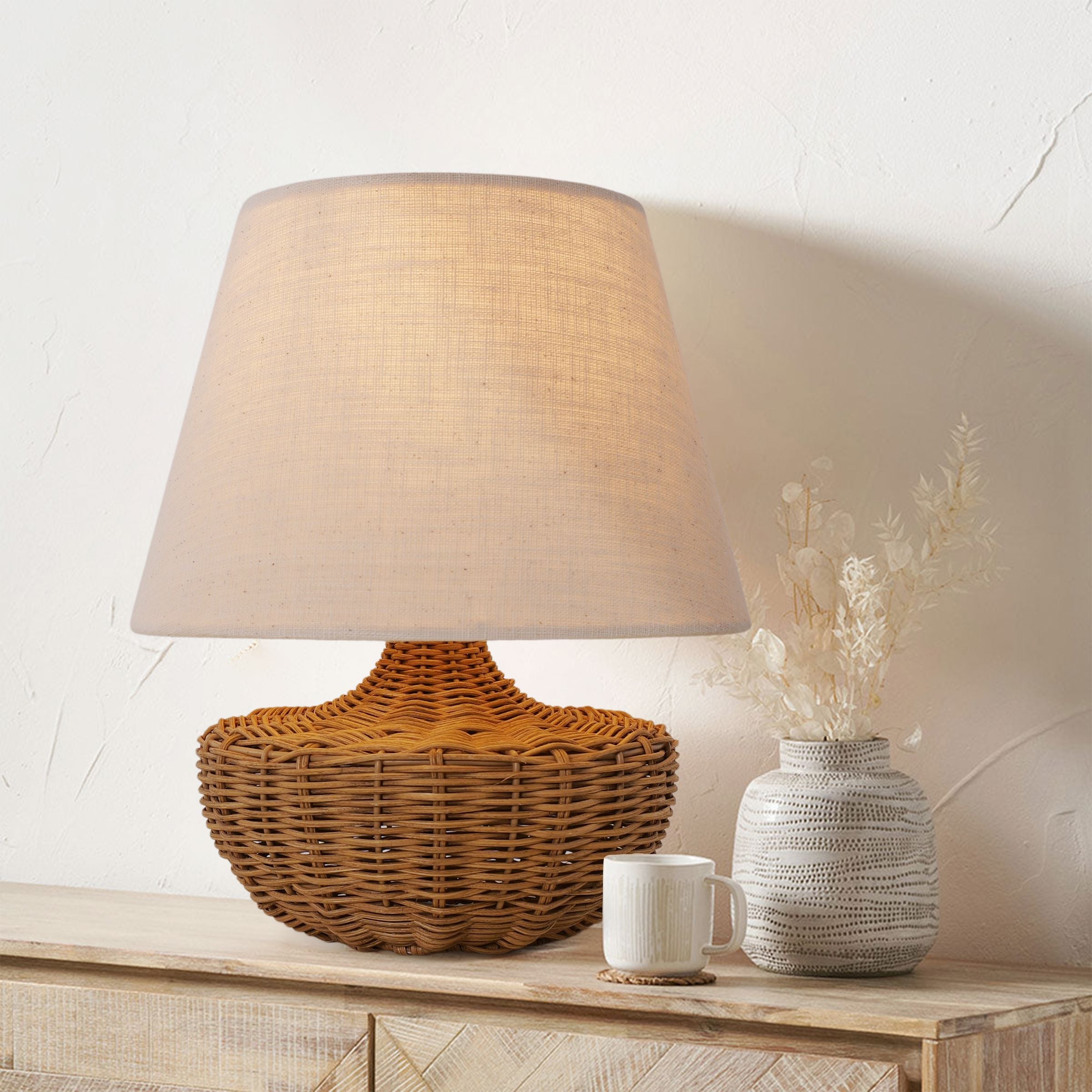 Lightsin Handwoven Rattan Table Lamp with Linen Shaded Lightsin UK