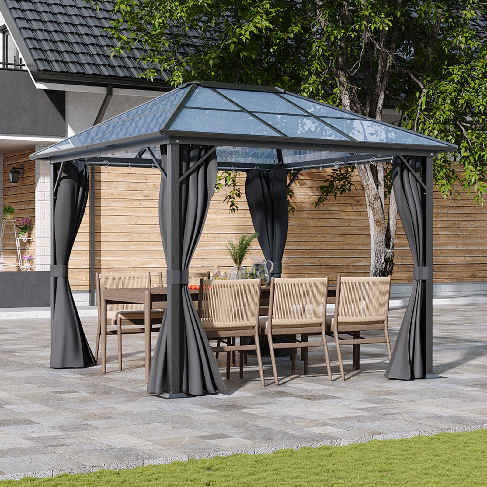 3*3*2.6m Dark Grey Single-roof Sunshade Canopy with Surrounding Fabric Living and Home