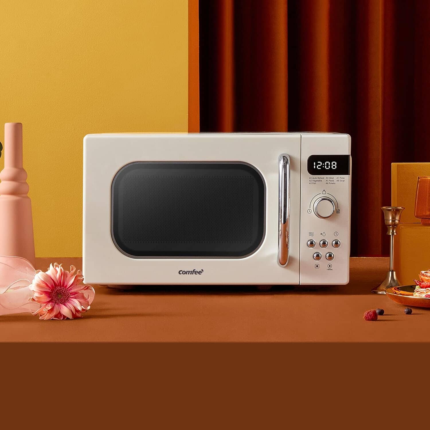 800W 20L Retro Microwave Oven with LED Display Red/Cream/Pastel Green Living and Home Cream