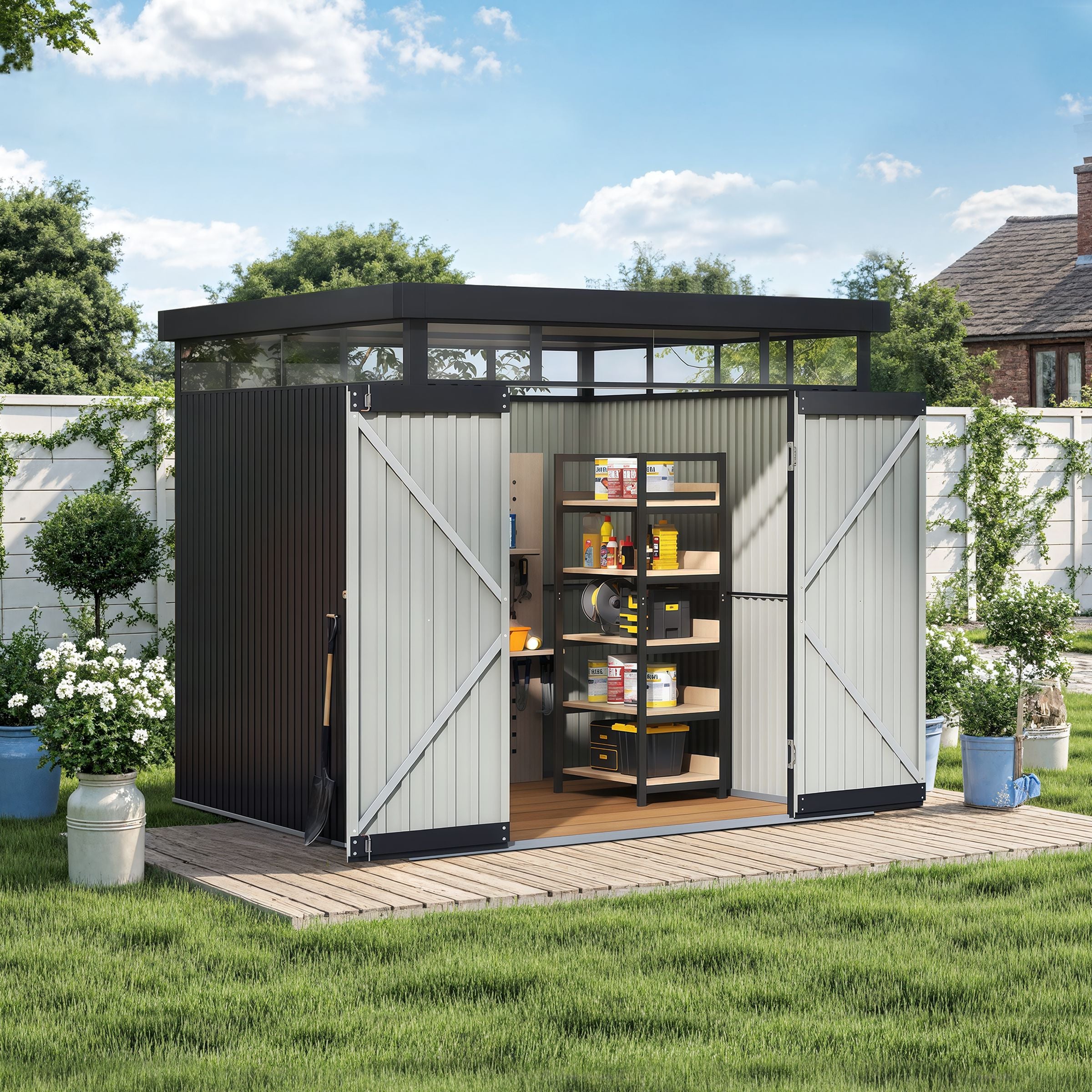 2x2.6x2m/1.6x2.6x2m/2.6x3x2m/4x3x2m Charcoal Black Galvanized Steel Storage Shed with Double/Single Lockable Doors Living and Home