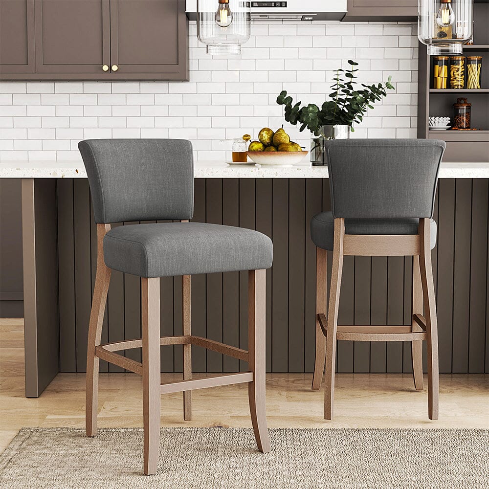 Set of 2 Linen Upholstered Bar Stool with Natural Wood Legs Bar Stools Living and Home