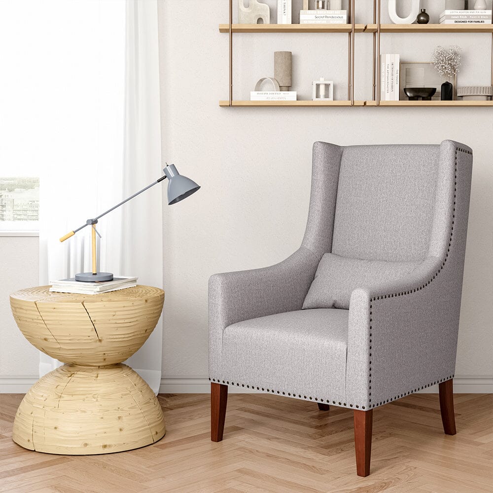 Grey Burlap High Back Studded Armchair with Cushion Living and Home