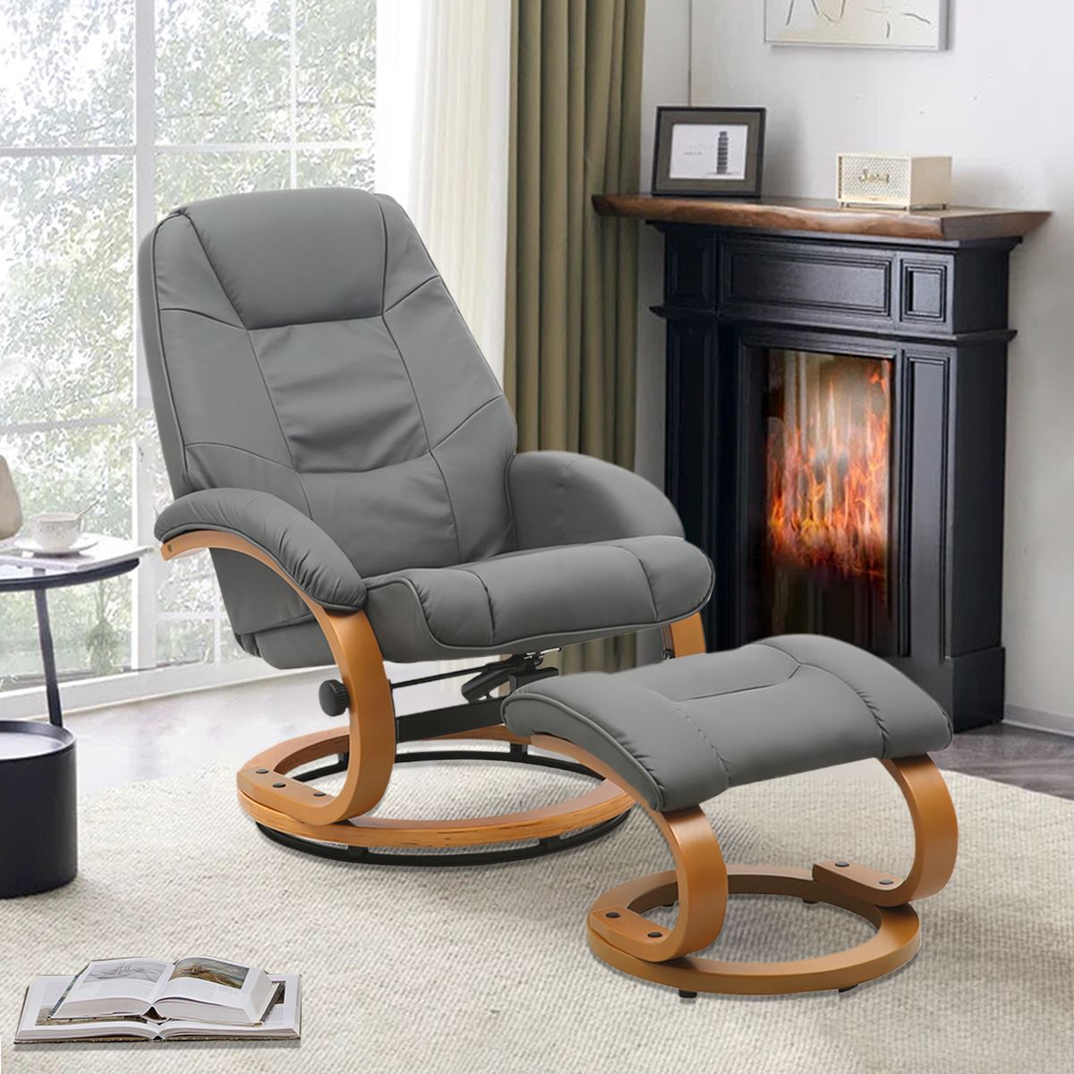 High Back PU Leather Recliner Armchair with Footstool 103.5cm Lounge Chairs Living and Home