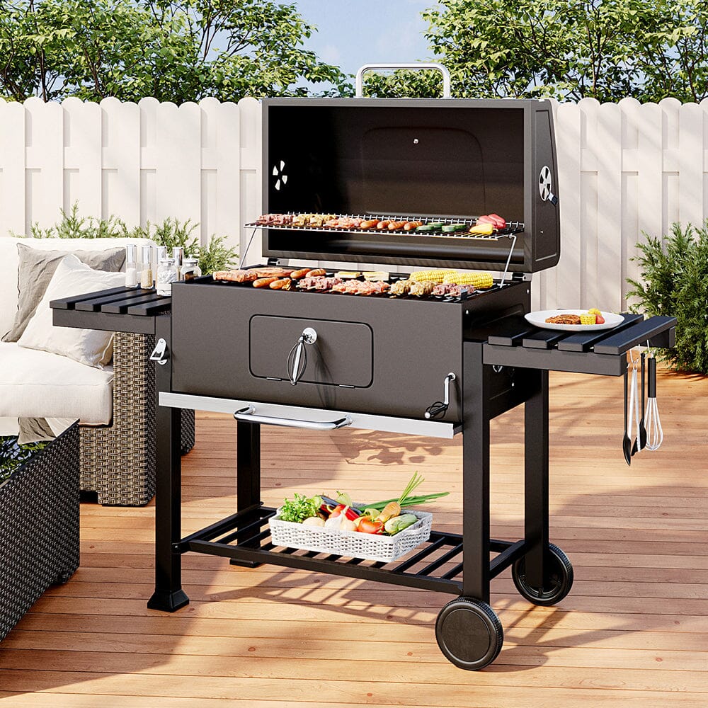 Barrel Charcoal Outdoor Grill Wide 160cm with Side Shelves BBQ Grills Living and Home