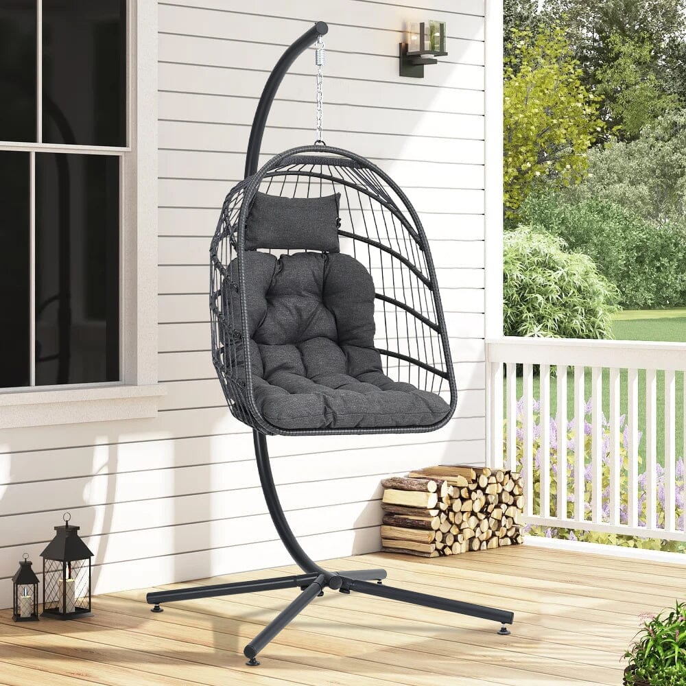 Black Rattan Patio Swing Chairs with Stand and Cushion – Living