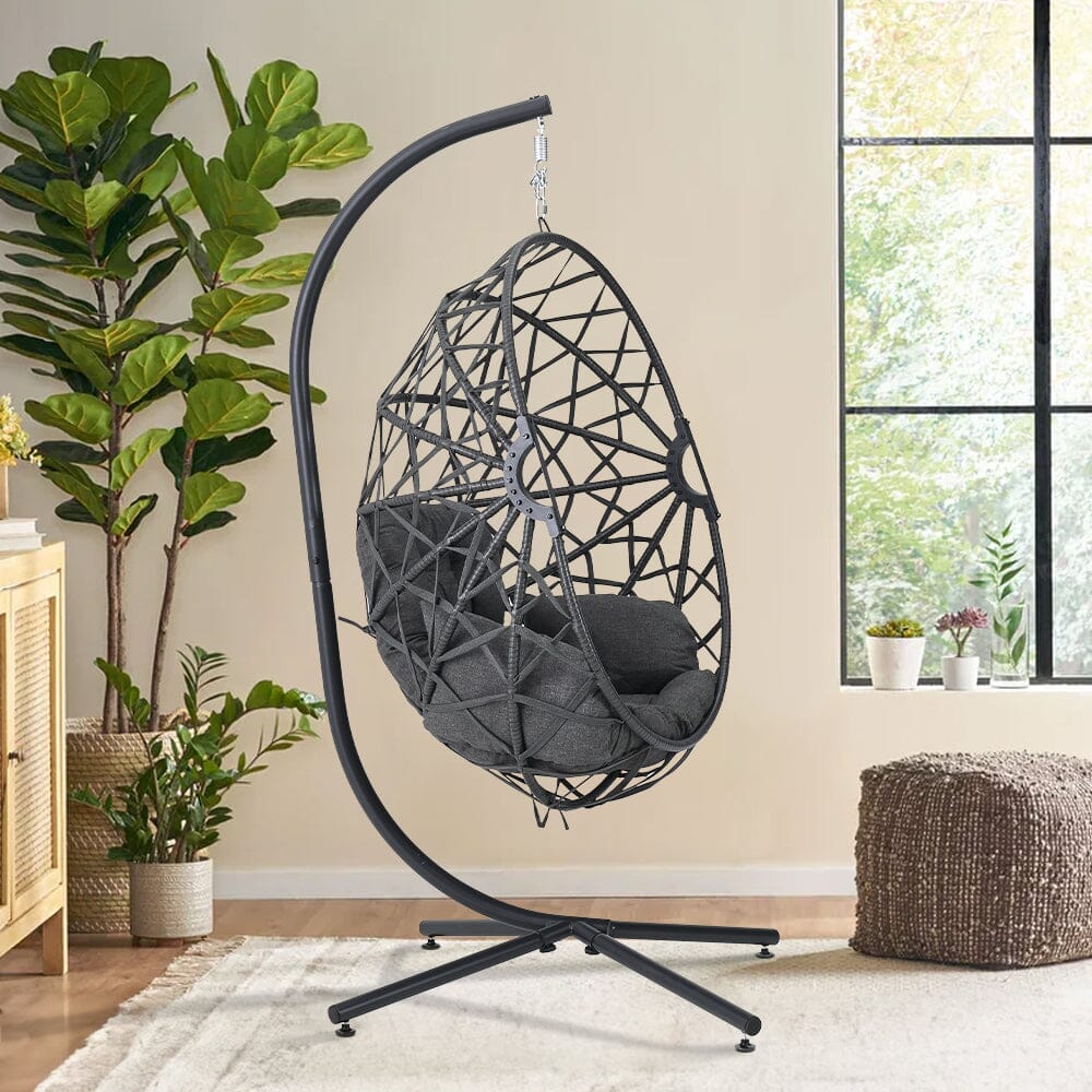 Black Wicker Rattan Swing Basket Chair with Soft Cushion – Living