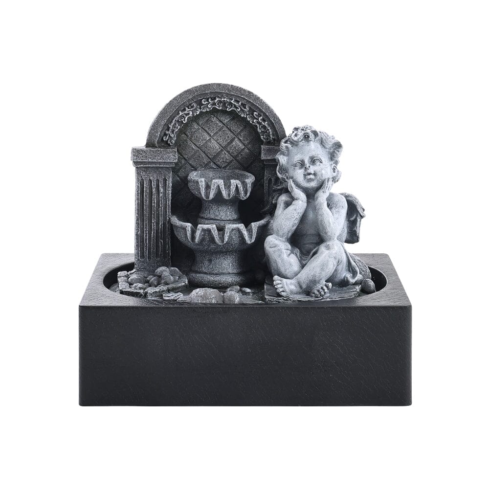 Grey Tabletop Resin Cherub Fountain with LED Light Indoor Table Decorations Living and Home