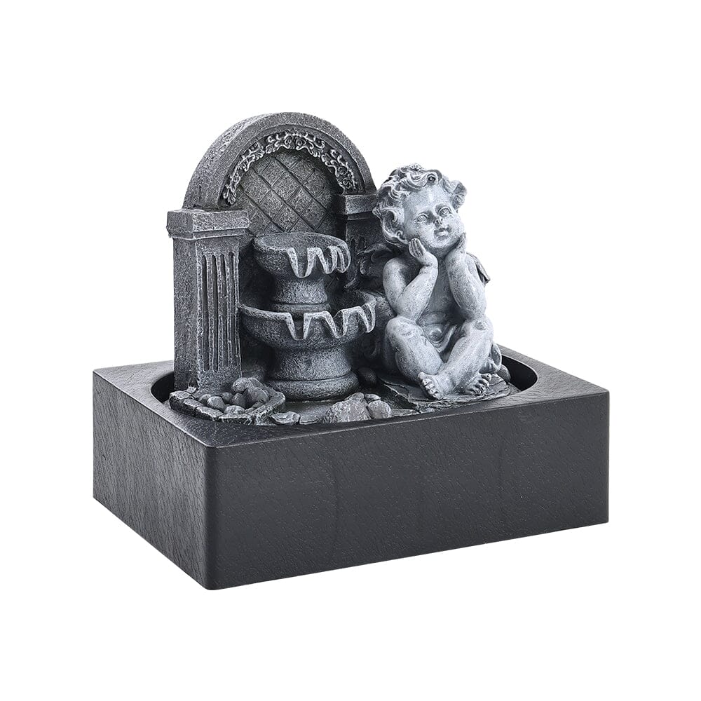 Grey Tabletop Resin Cherub Fountain with LED Light Indoor Table Decorations Living and Home