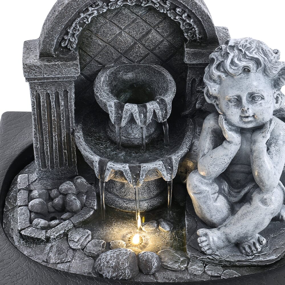 Grey Tabletop Resin Cherub Fountain with LED Light Indoor Table Decorations Living and Home