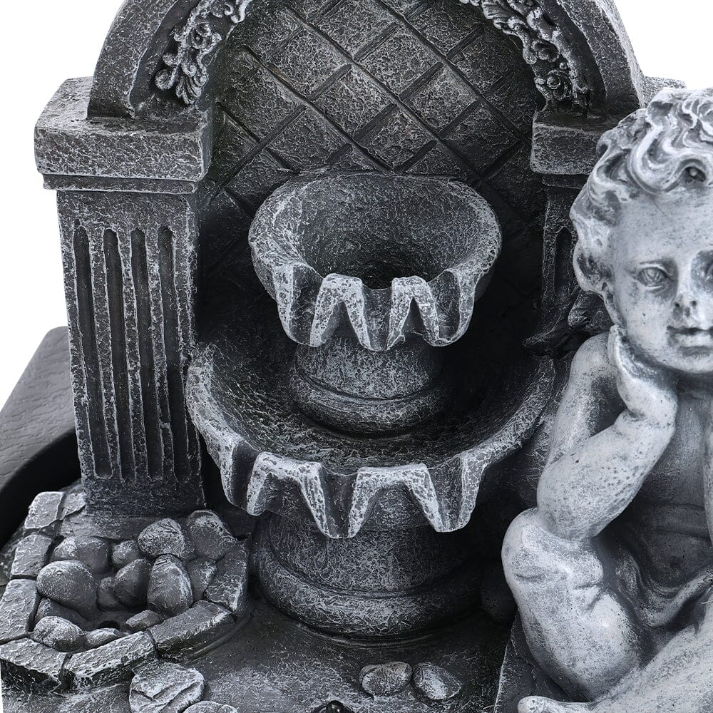 Grey Tabletop Resin Cherub Fountain with LED Light Indoor Table Decorations Living and Home