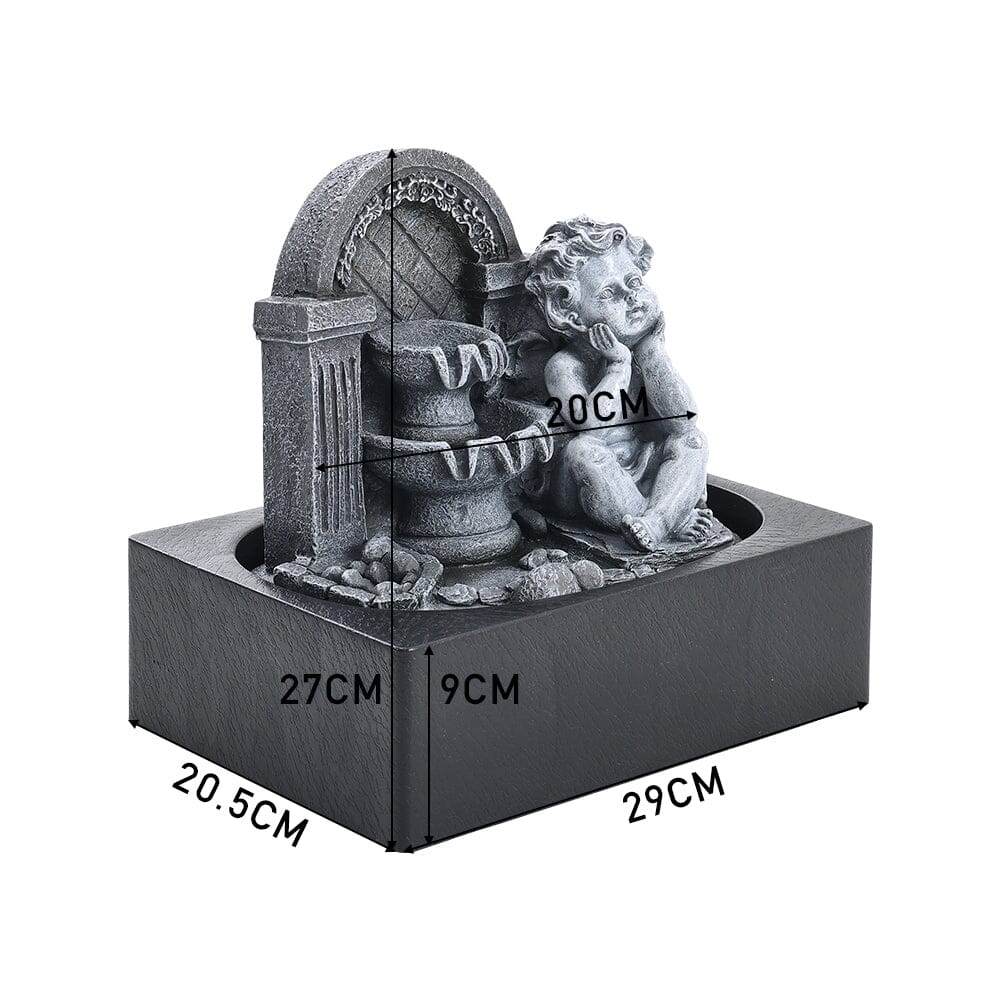 Grey Tabletop Resin Cherub Fountain with LED Light Indoor Table Decorations Living and Home