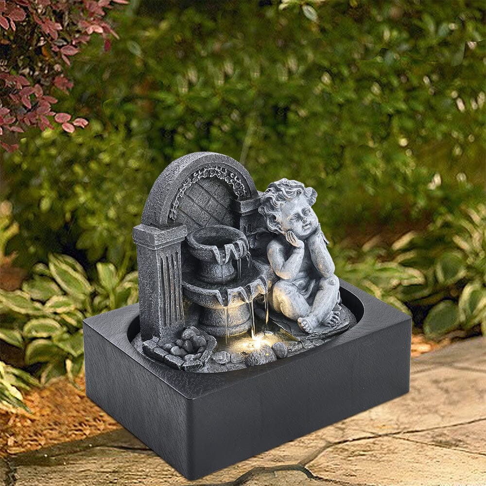 Grey Tabletop Resin Cherub Fountain with LED Light Indoor Table Decorations Living and Home