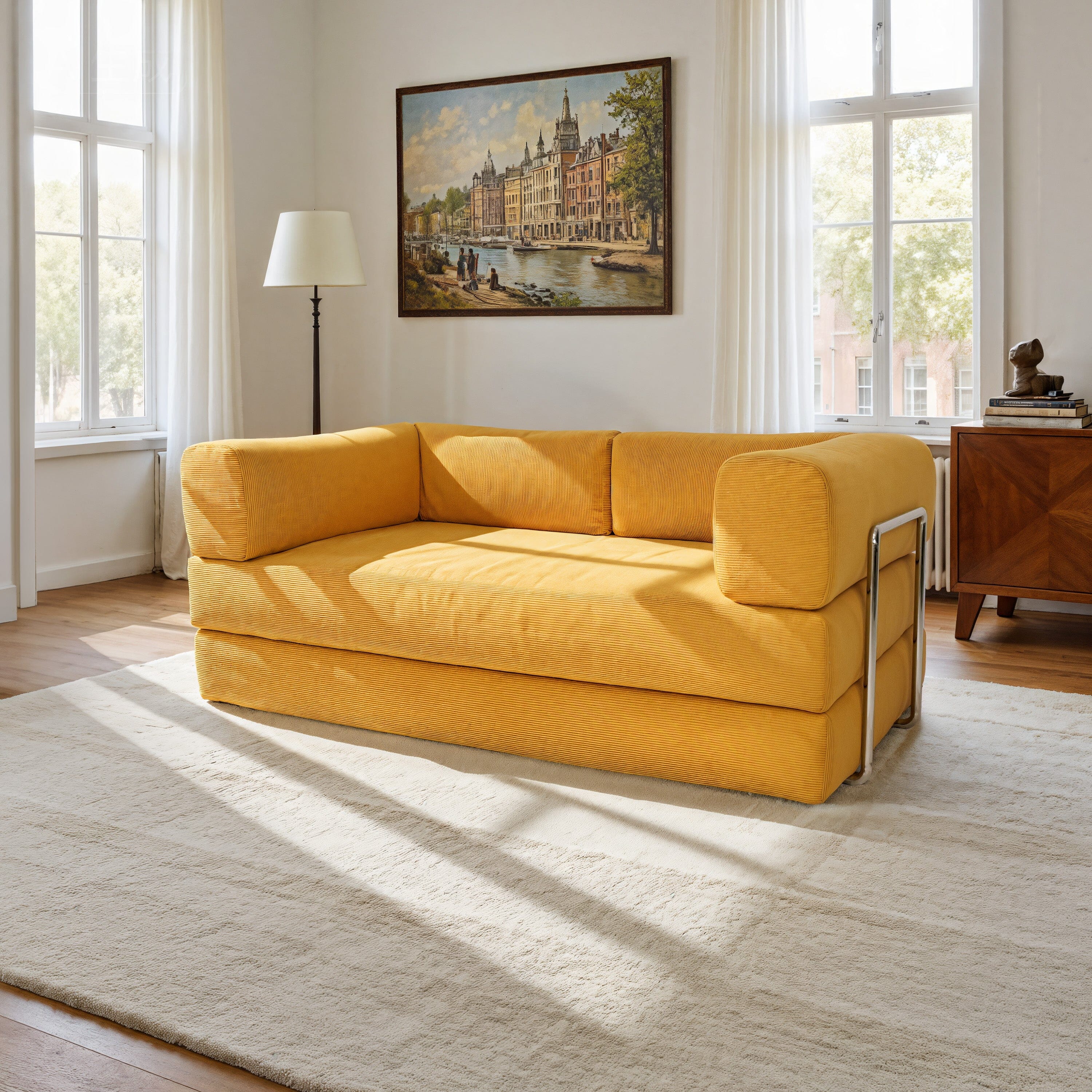 Cottonfy Yellow Corduroy Fabric Foam Modular Sofa Sofa Beds Cottonfy UK 180cm (L) × 90cm (W) × 63cm (H) In Stock