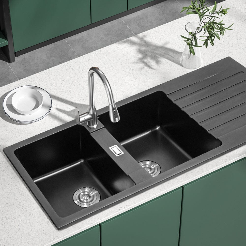 Quartz Undermount Double Bowl Kitchen Sink with Drainboard Living and Home