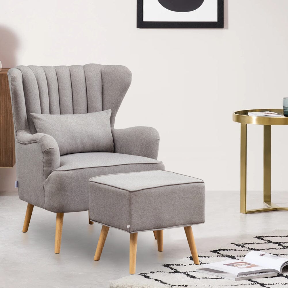 Contemporary Wing Back Armchair and Ottoman Set with Cushion and Footstool Cocktail Chairs Living and Home Gray