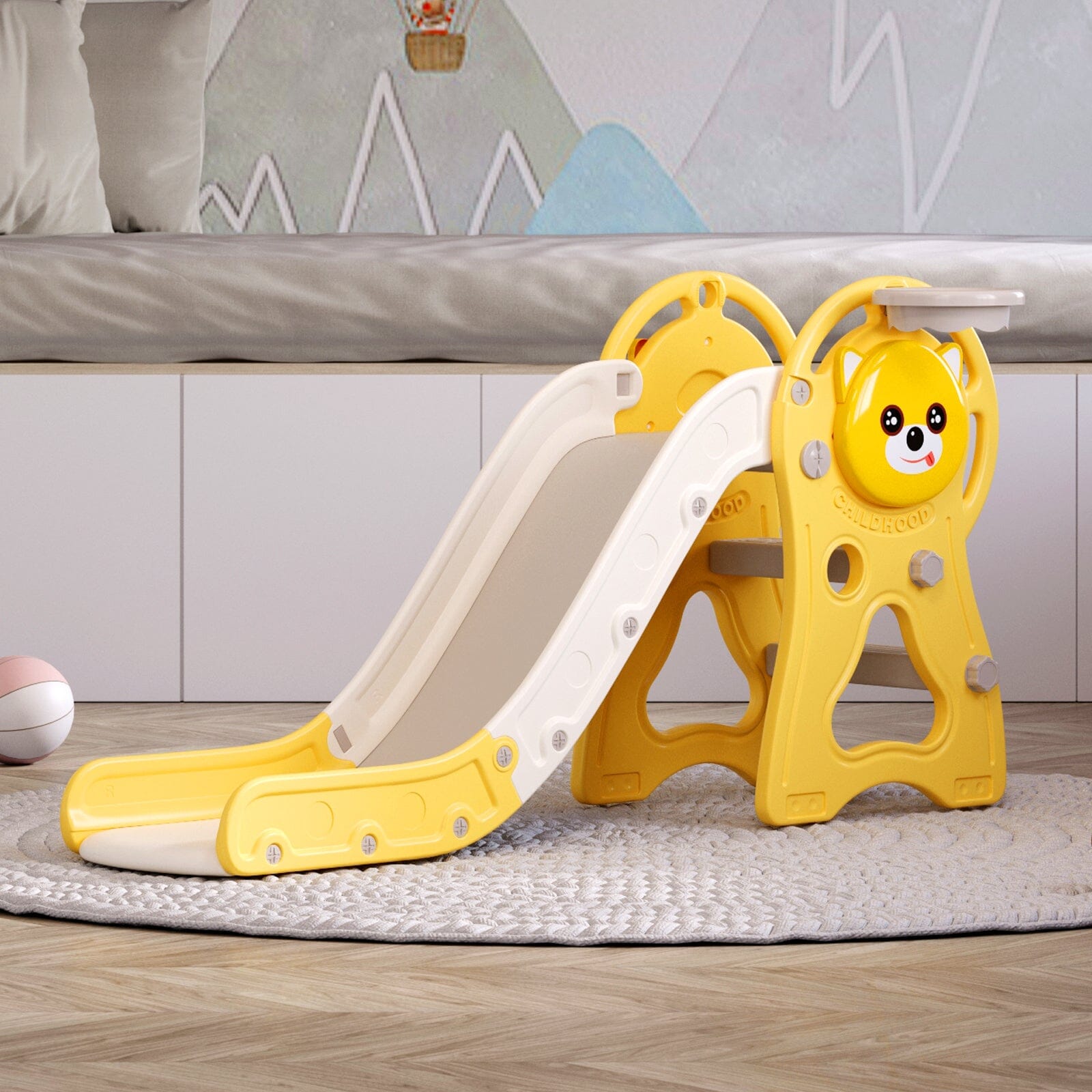 Toddler Slide with Basketball Hoop for Indoor Outdoor Swing & Slide Living and Home Yellow and Beige