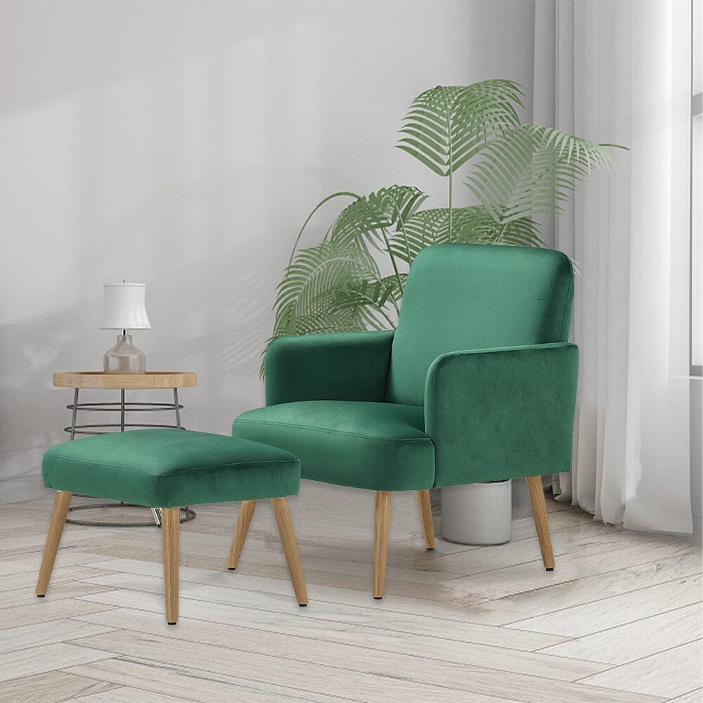 Wooden Legs Velvet Armchair Chair with Footrest Armchair Living and Home