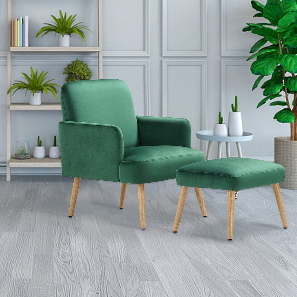 Wooden Legs Velvet Armchair Chair with Footrest Armchair Living and Home Dark Green