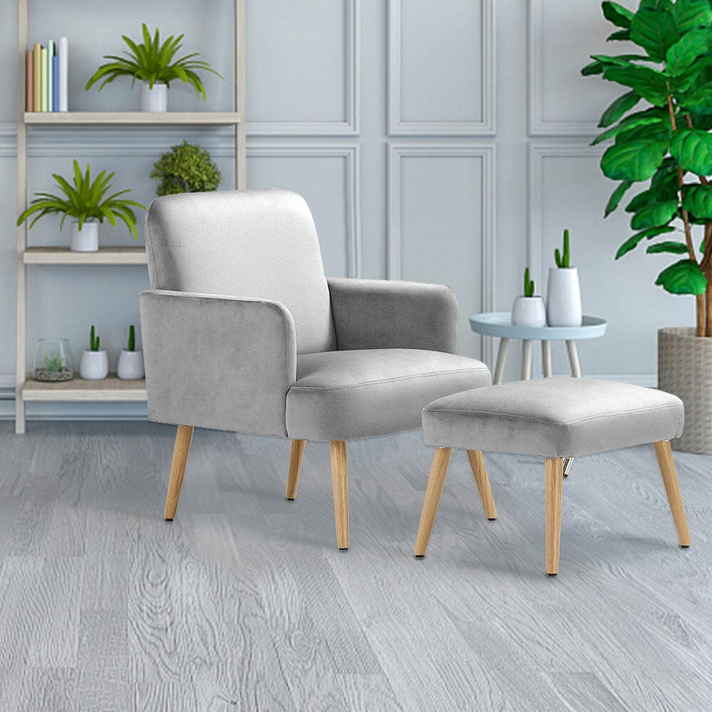 Wooden Legs Velvet Armchair Chair with Footrest Armchair Living and Home Gray
