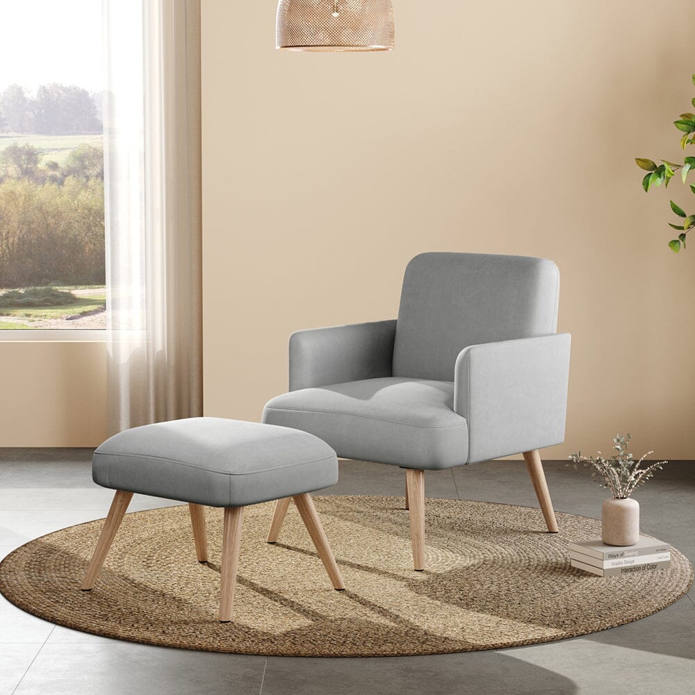 Wooden Legs Velvet Armchair Chair with Footrest Armchair Living and Home