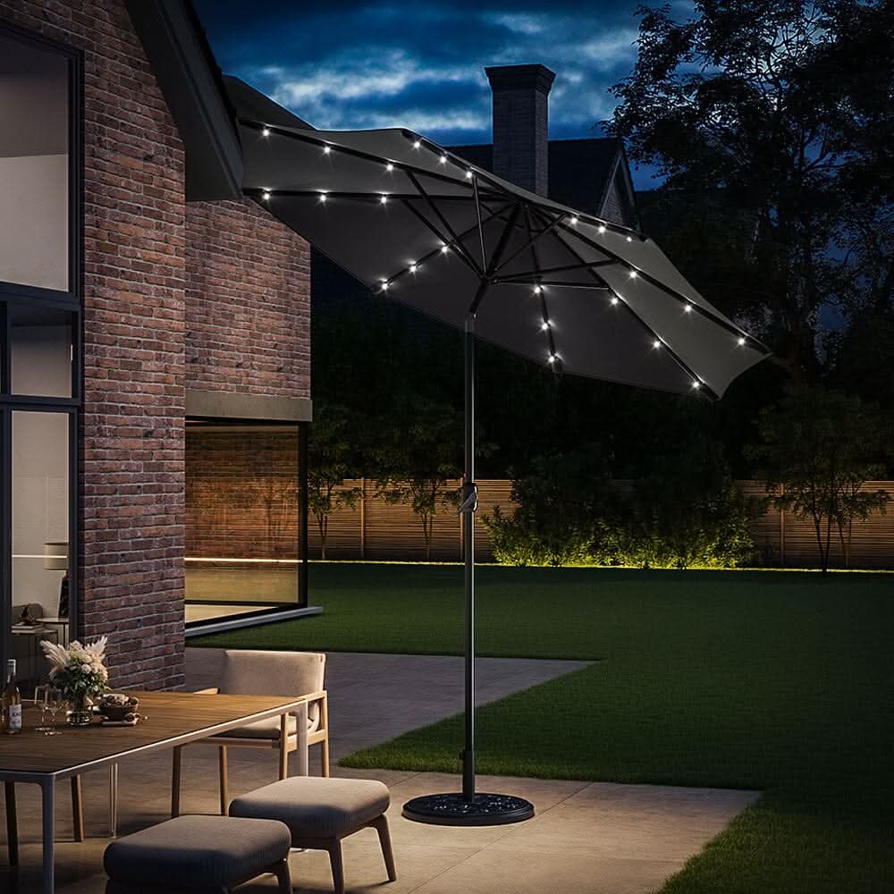 3M Garden Parasol Sun Umbrella Dark Grey Iron With Solar LED Lights – Living and Home