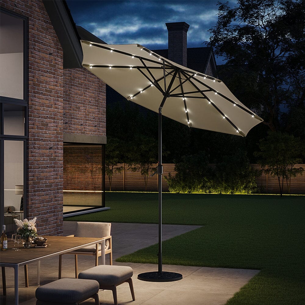 Beige 3m Patio Garden Parasol Sun Umbrella Sunshade Canopy With Solar LED Lights Parasols Living and Home