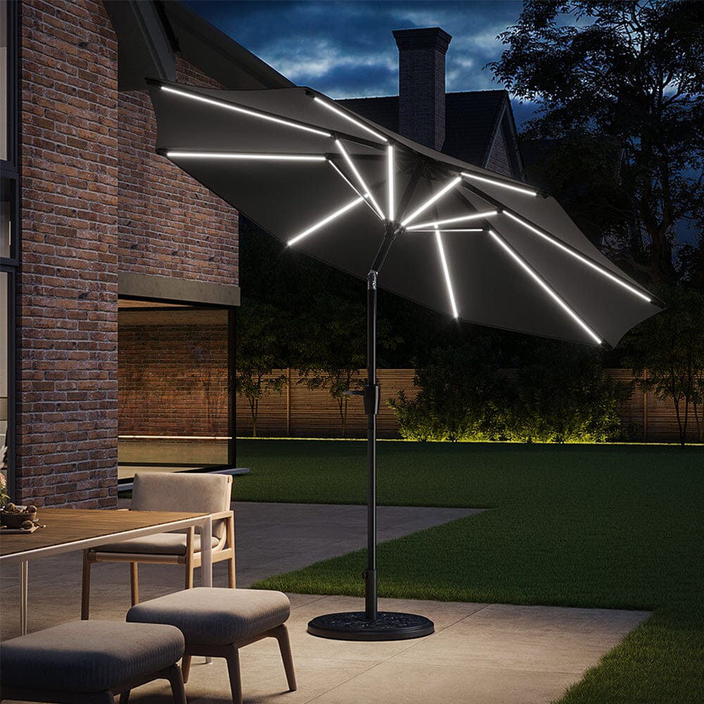 Dark Grey 3M Lighted Market Sunbrella Umbrella with Solar Strip LED Lights Parasols Living and Home