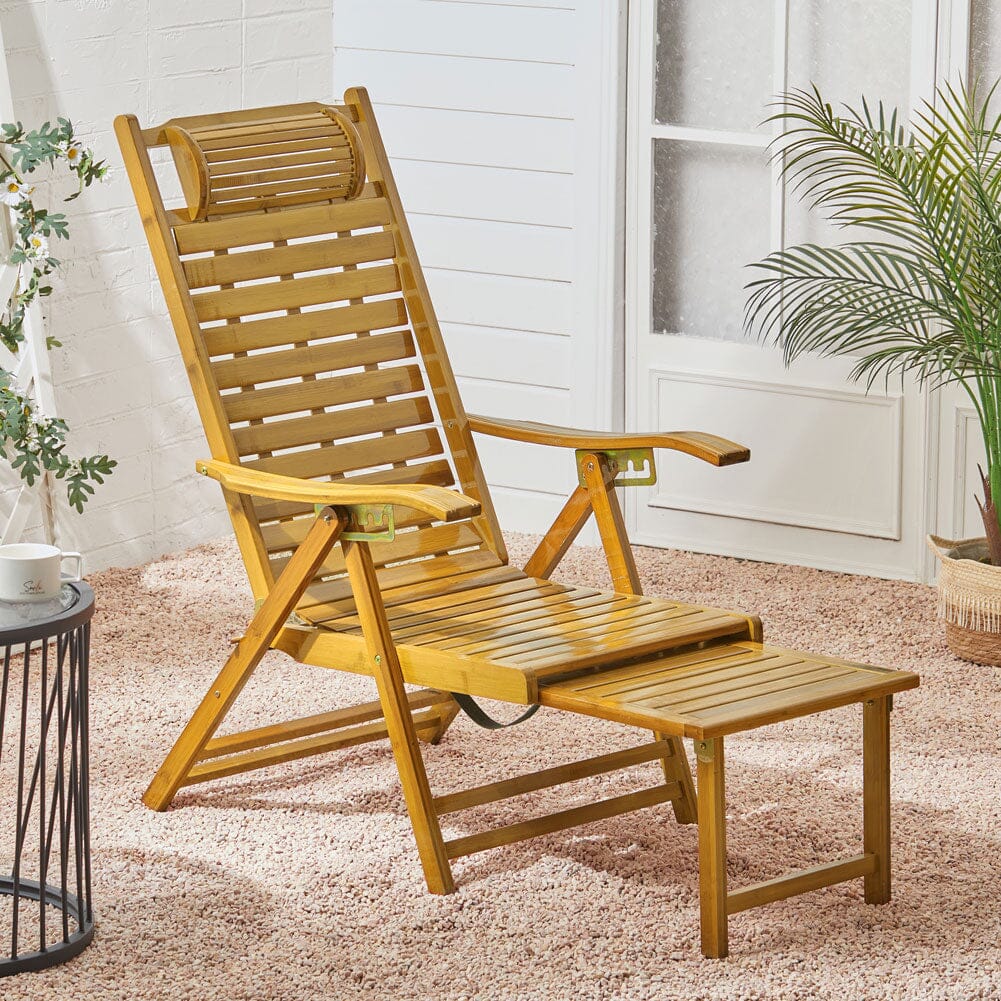 Foldable Bamboo Recliner Lounge Chair with Retractable Footrest Sun Loungers Living and Home