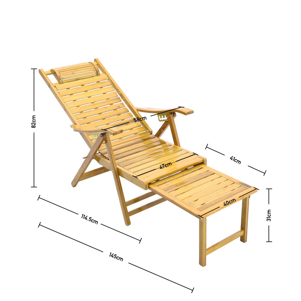 Foldable Bamboo Recliner Lounge Chair with Retractable Footrest Sun Loungers Living and Home