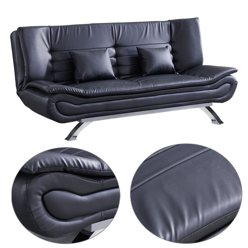 190cm Wide Sofa Bed Black Shell 3 Seater Recliner PU Faux Leather Sofa Beds Living and Home