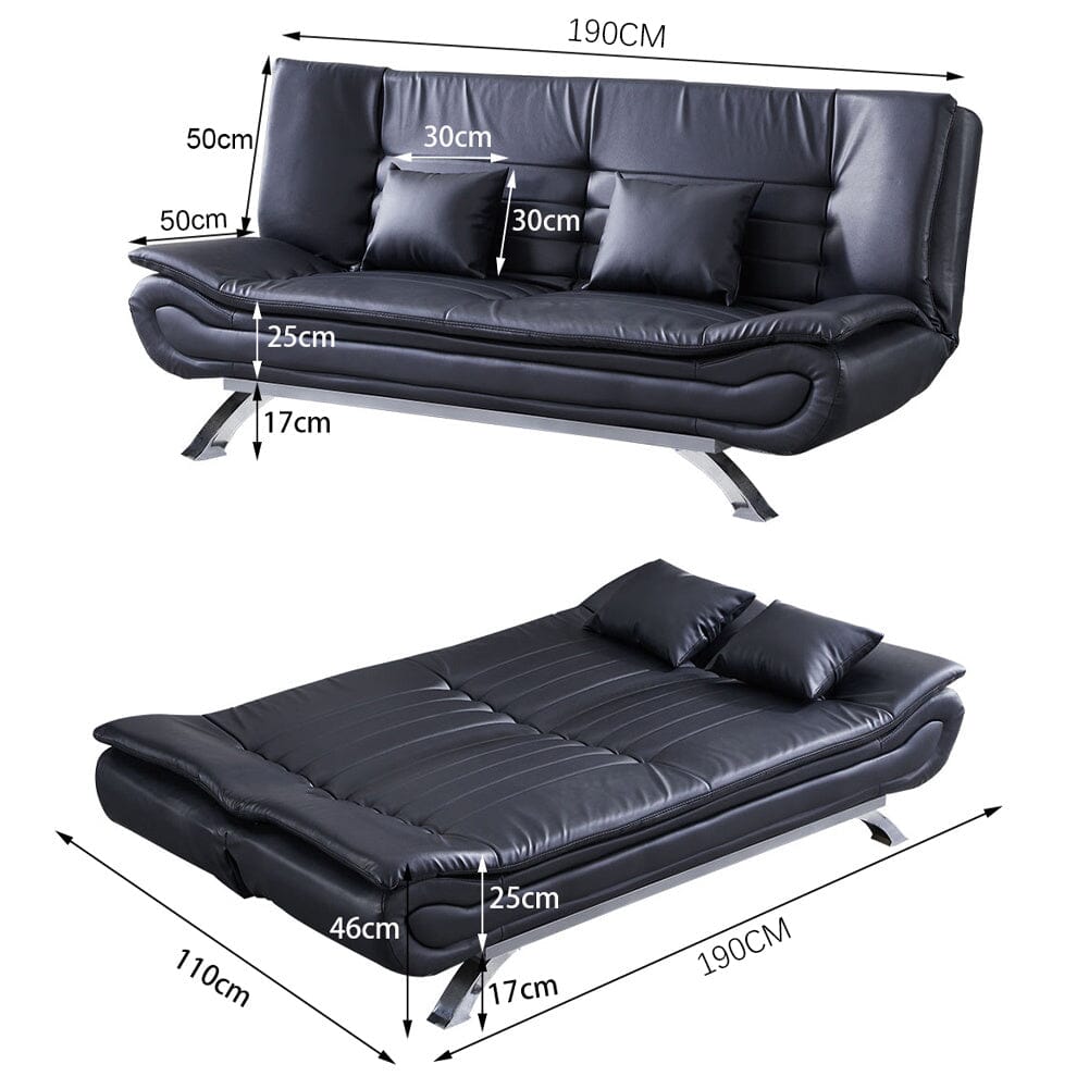 190cm Wide Sofa Bed Black Shell 3 Seater Recliner PU Faux Leather Sofa Beds Living and Home