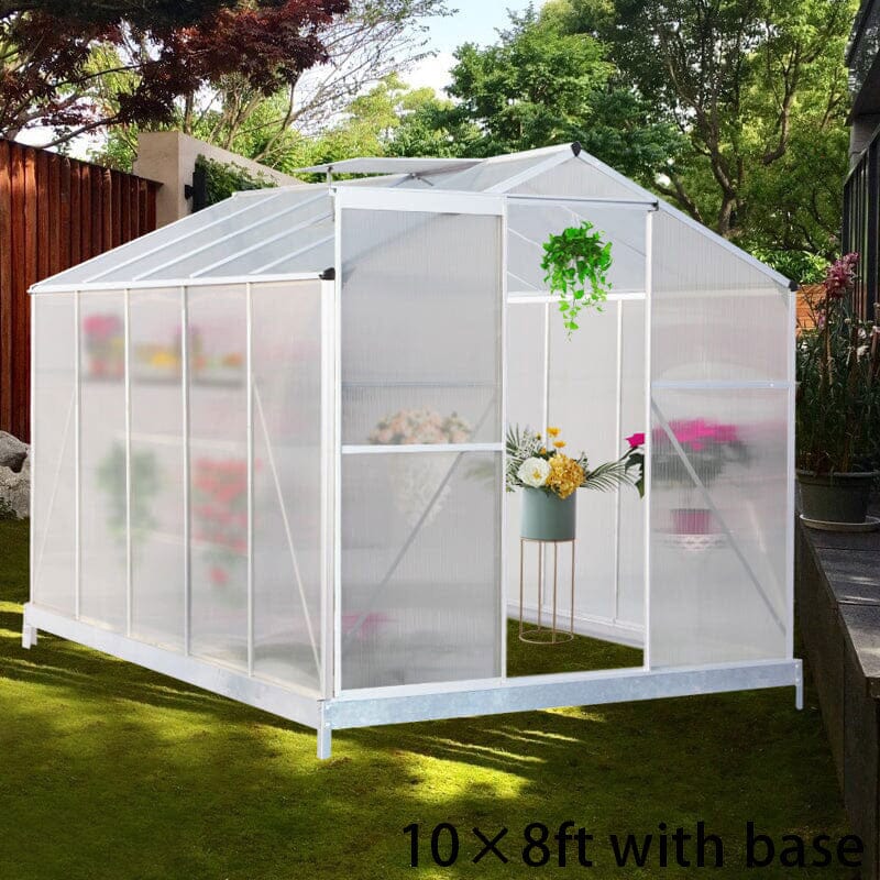4x6ft/ 6x6ft/ 8x6ft/ 10x8ft Silver Aluminum Framed Greenhouse with Vent Greenhouses Living and Home 10' x 8' ft With base frame