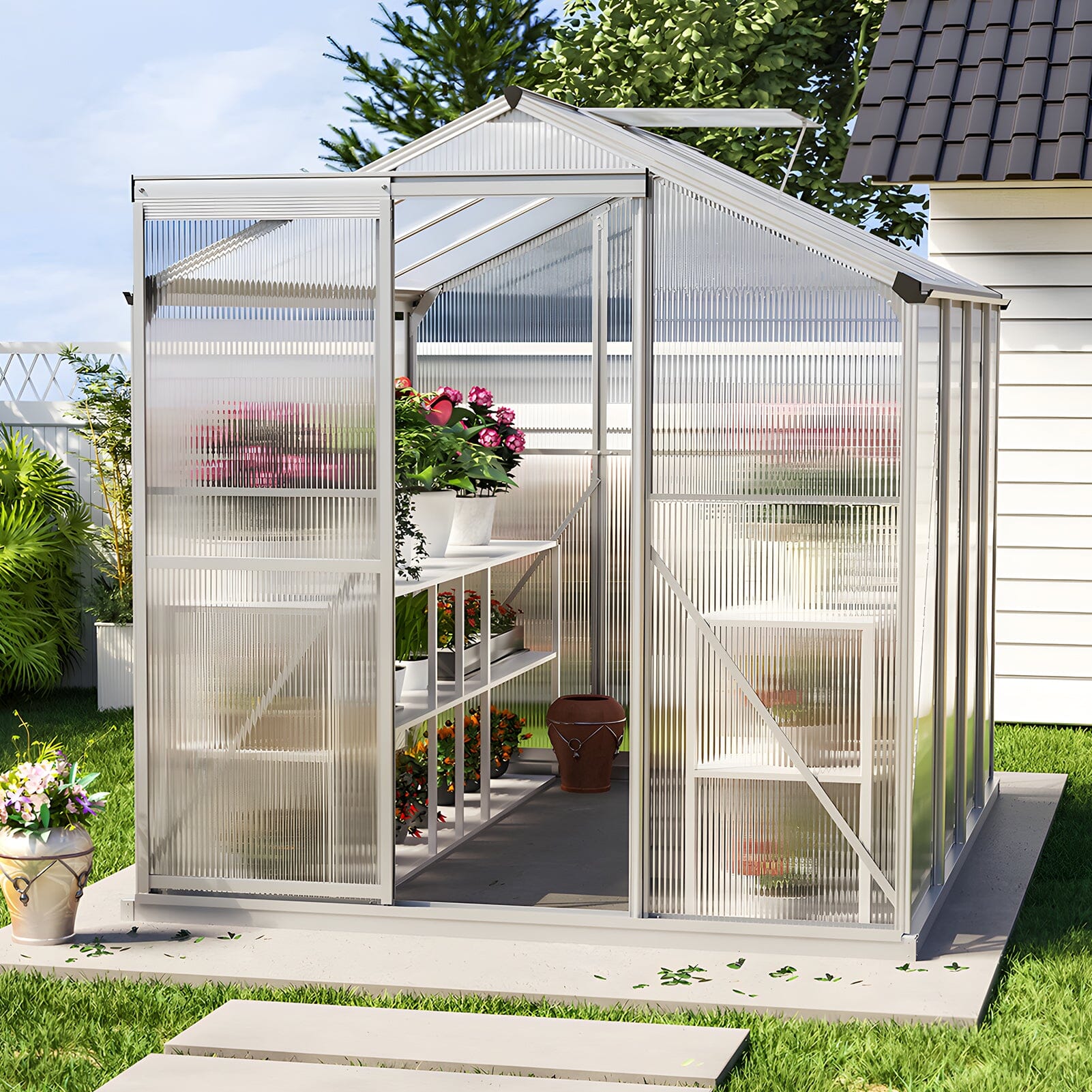 Greenhouse 4x6ft/ 6x6ft/ 8x6ft/ 10x8ft Silver Aluminum Framed with Vent Greenhouses Living and Home 8' x 6' ft With base frame