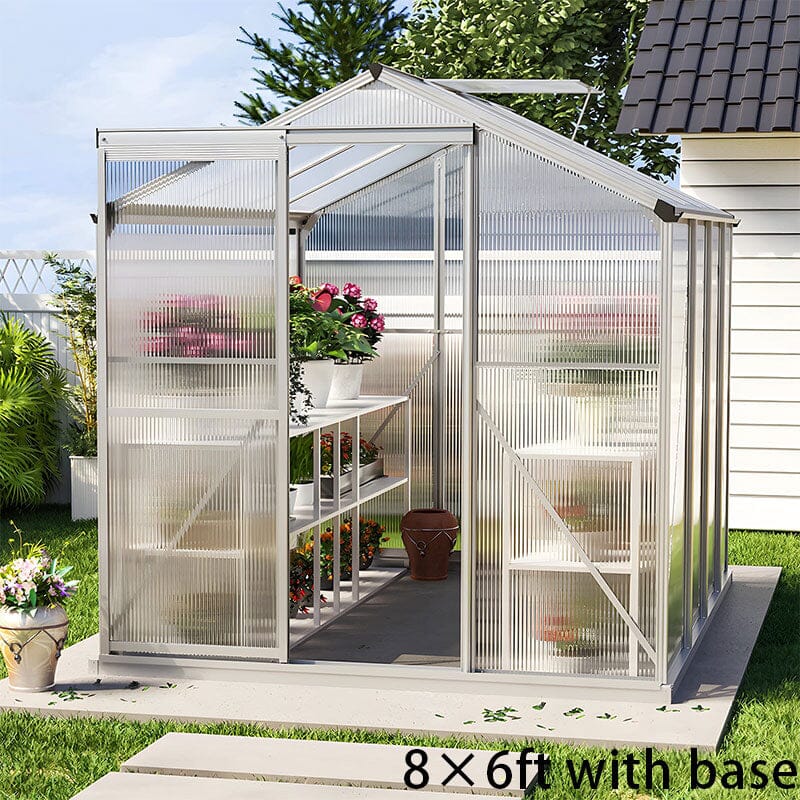 4x6ft/ 6x6ft/ 8x6ft/ 10x8ft Silver Aluminum Framed Greenhouse with Vent Greenhouses Living and Home 8' x 6' ft With base frame