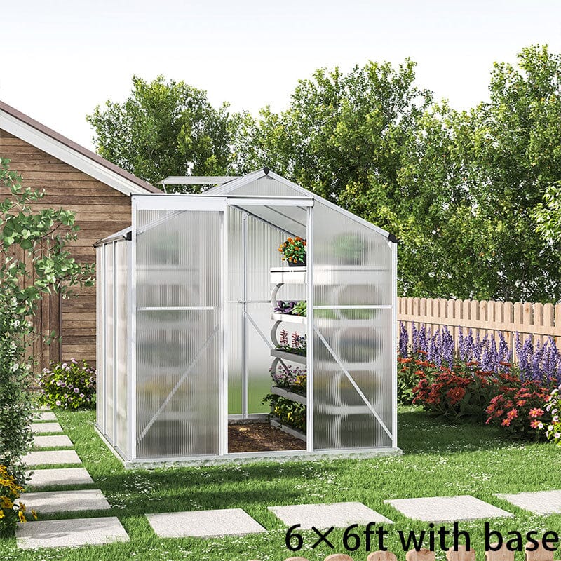 4x6ft/ 6x6ft/ 8x6ft/ 10x8ft Silver Aluminum Framed Greenhouse with Vent Greenhouses Living and Home 6' x 6' ft With base frame