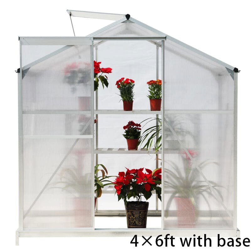 4x6ft/ 6x6ft/ 8x6ft/ 10x8ft Silver Aluminum Framed Greenhouse with Vent Greenhouses Living and Home 4' x 6' ft With base frame
